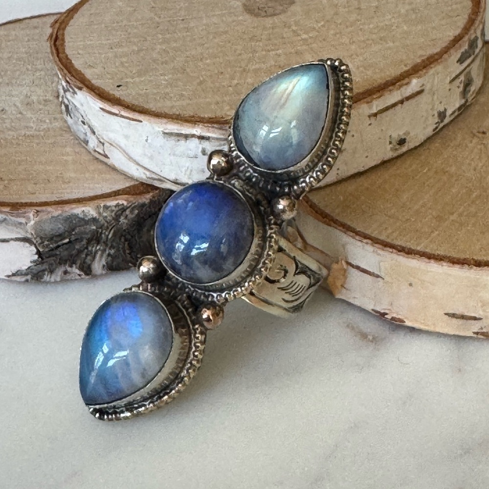 Elegant Silver and Triple Blue Moonstone Ring